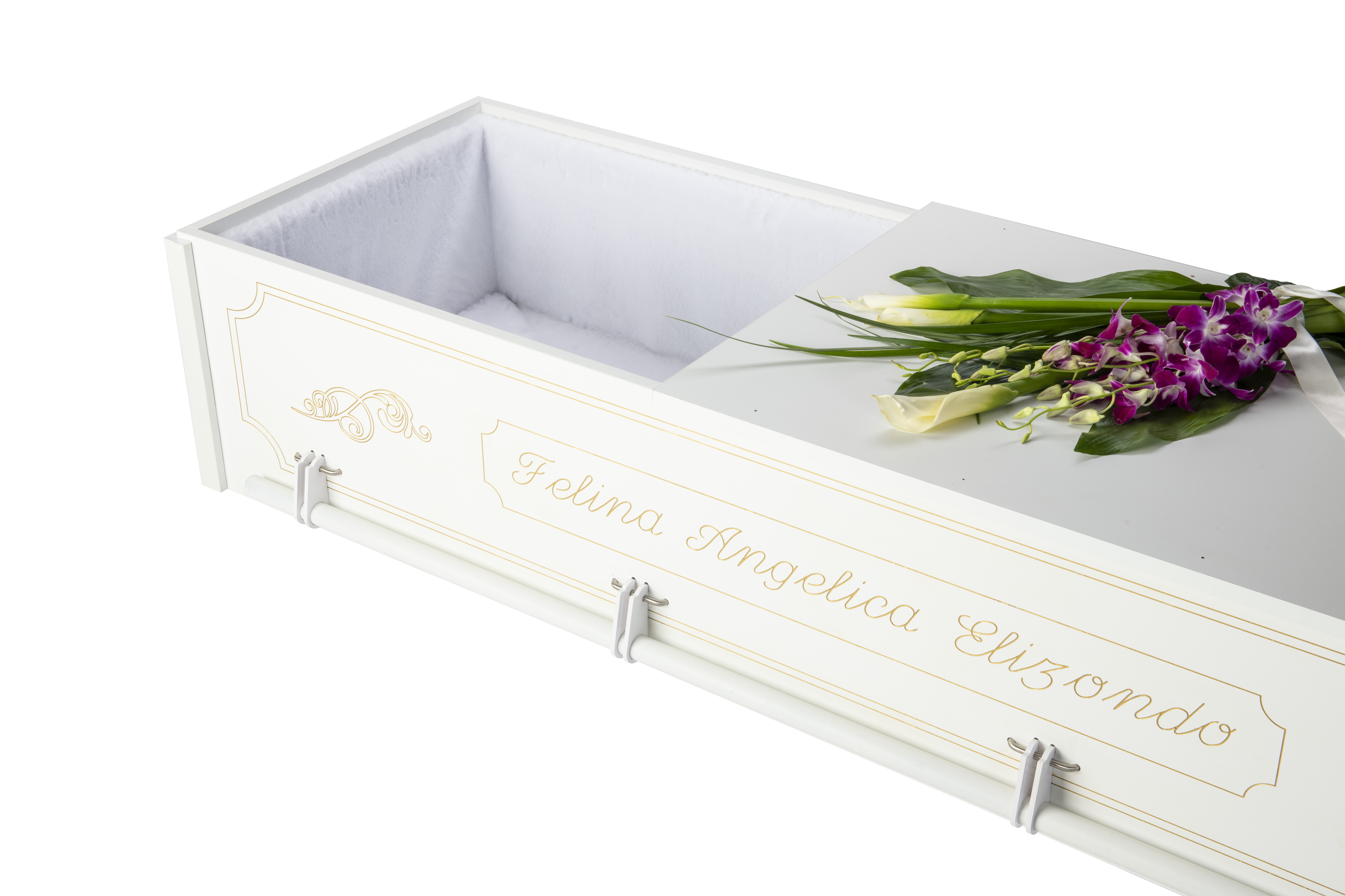 White wooden casket with CNC  custom golden engraving