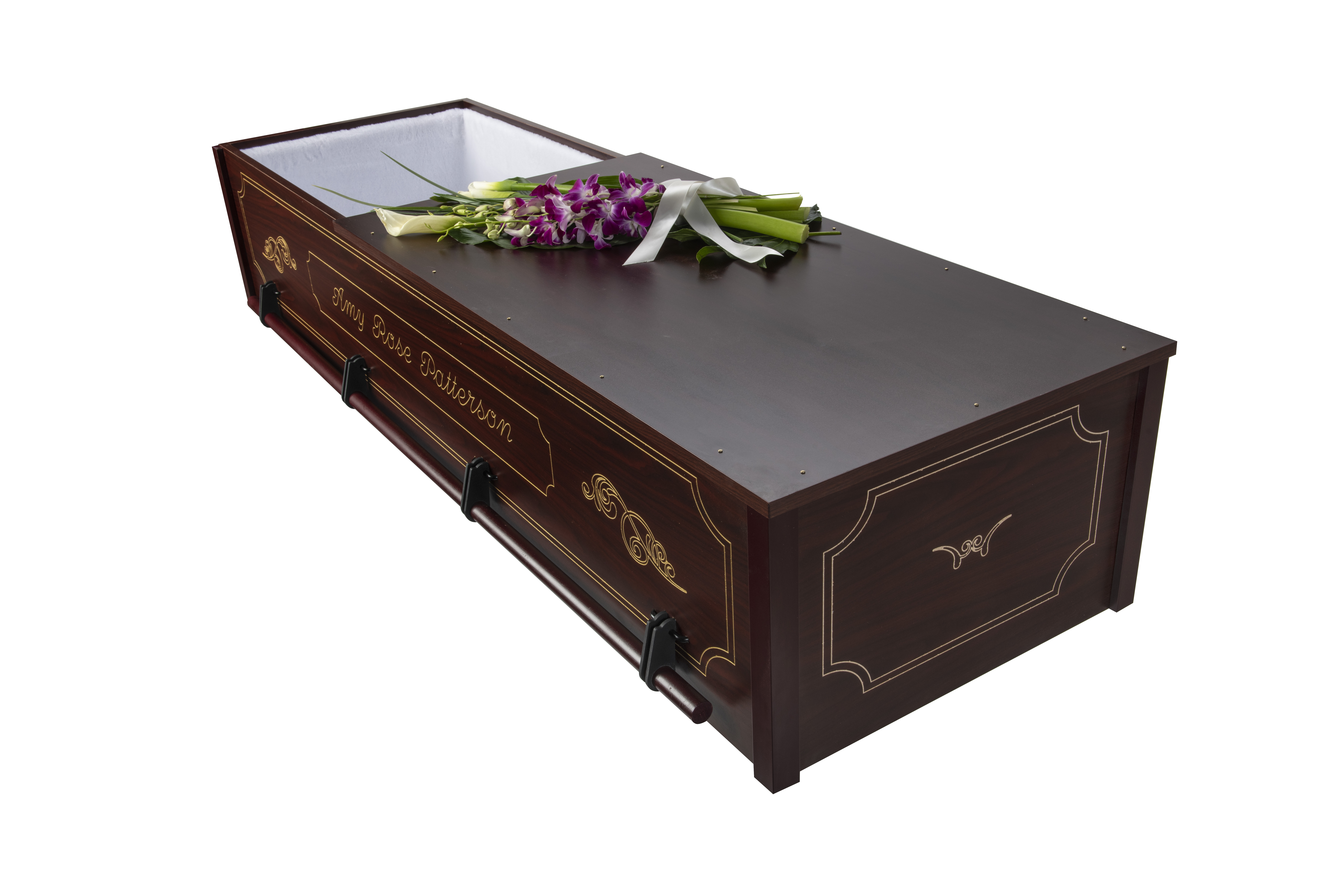 Walnut wooden casket with CNC  custom golden engraving detail. Budget-friendly, affordable and elegant