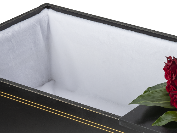 Black wooden casket with CNC  custom golden engraving detail. Budget-friendly, affordable and elegant
