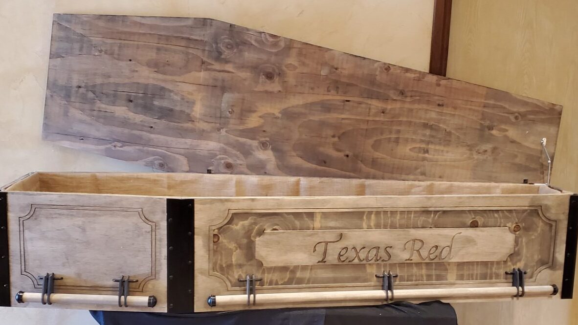 Coffin: Rustic Old West Toe Pincher Coffin with CNC custom message engraving and details