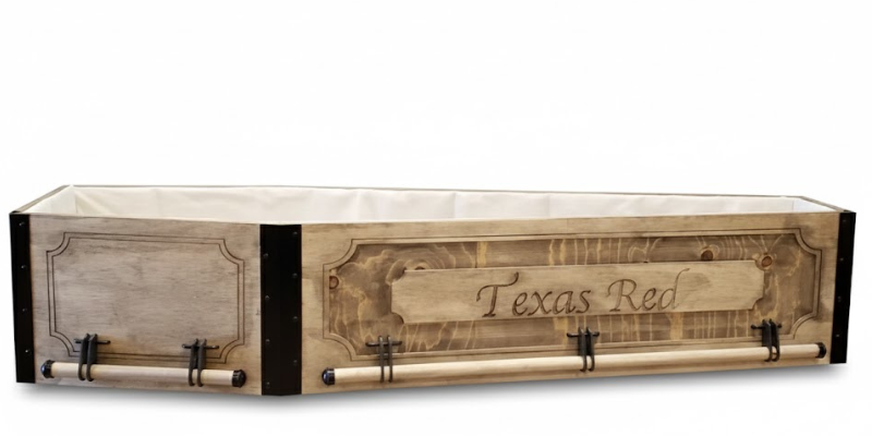 Rustic lidless coffin with heritage linen lining